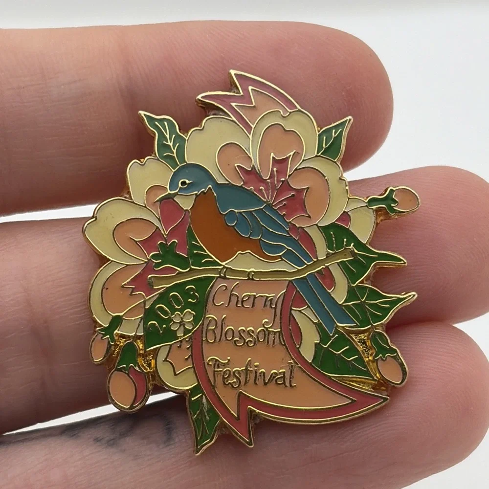 2003 Cherry Blossom Festival Blue Bird Flowers Lapel Hat Pin